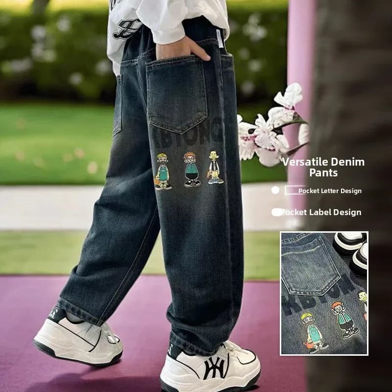 Thickened Winter Denim Jeans for Boys Autumn Sports Style Long Pants Polyester Cotton Blend High Waist Elastic Band