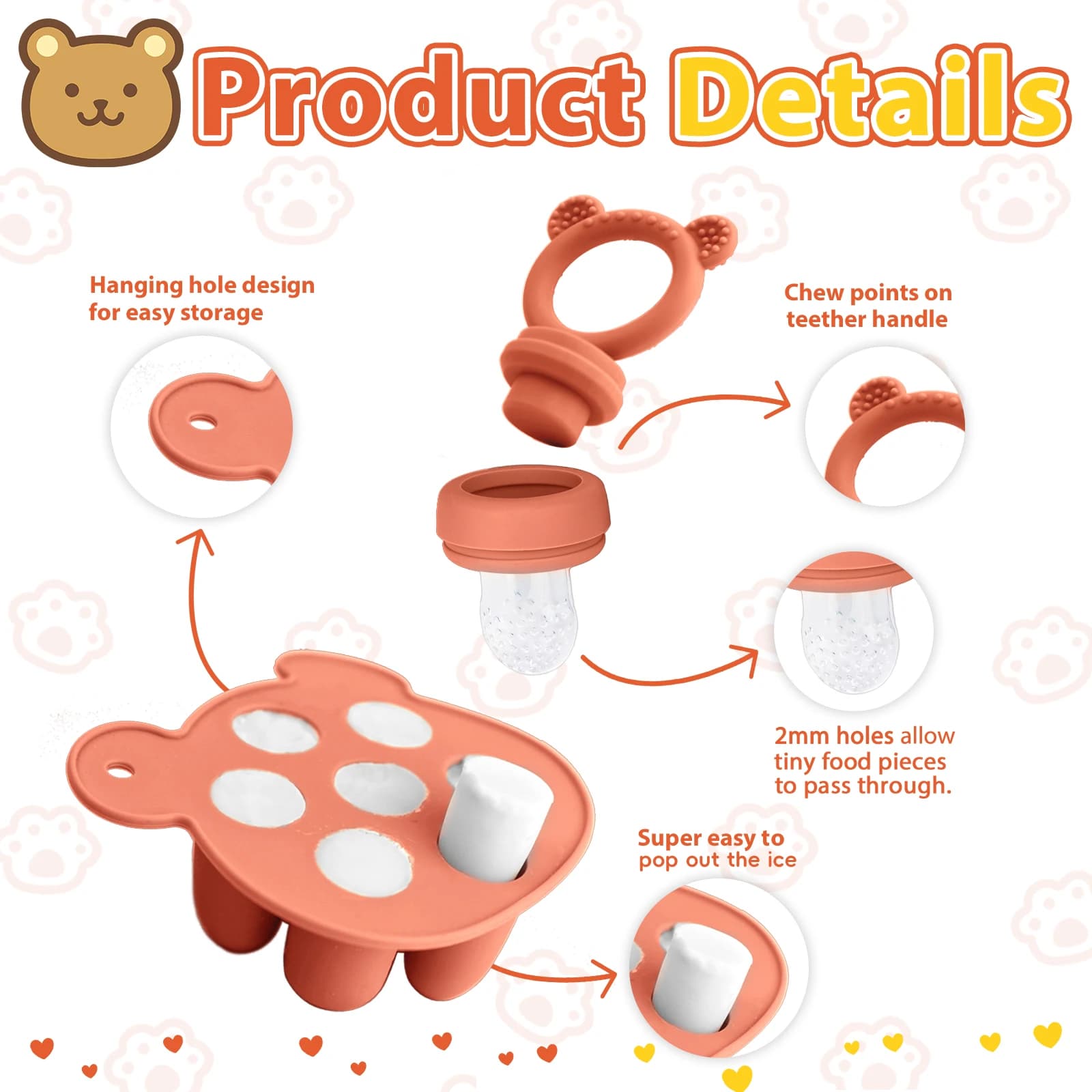 Baby Teething Relief Toy with Tray Replacement Pacifiers Breast Milk Ice Pop Molds Silicone Baby Fruit Feeder BPA-Free
