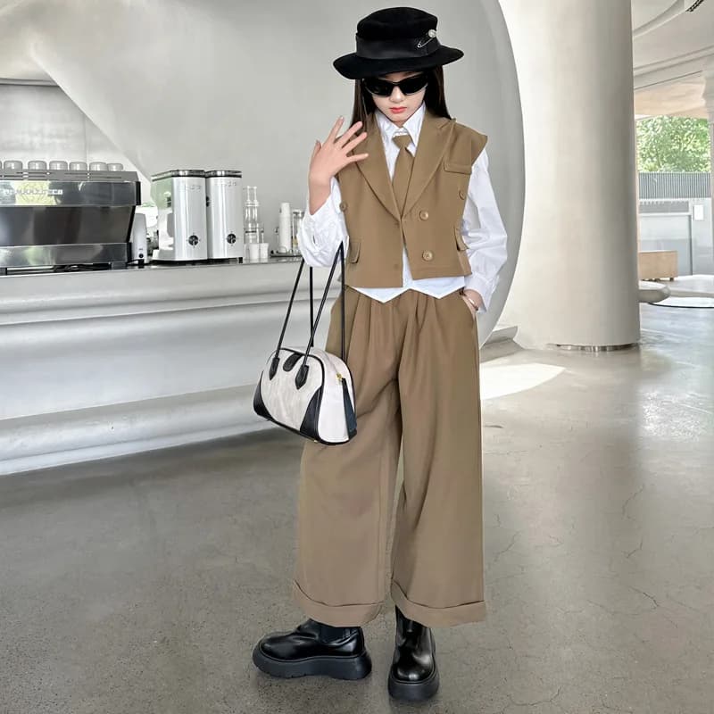 Girls Clothing Set 2025 Spring Autumn Blazer Suits for Teen Girl Children Clothes Kids Vest Wide Leg Pants 2pcs Outfits 5-14 Yrs