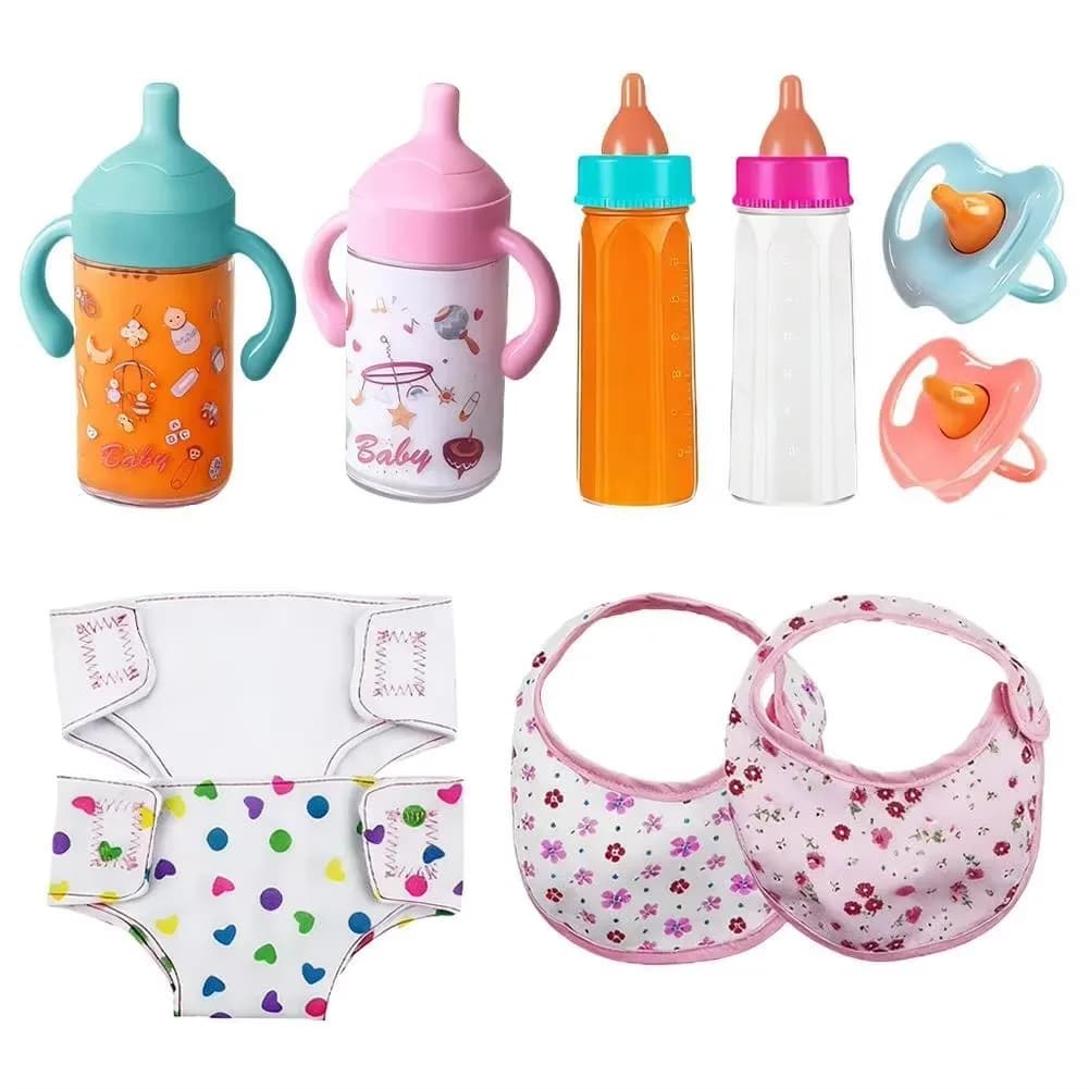 Baby Doll Accessories Set 7Pcs Feeding Caring Set Disappearing Bottles Pacifier Diapers Bibs Doll Milk Bottles Pretend Play Gift