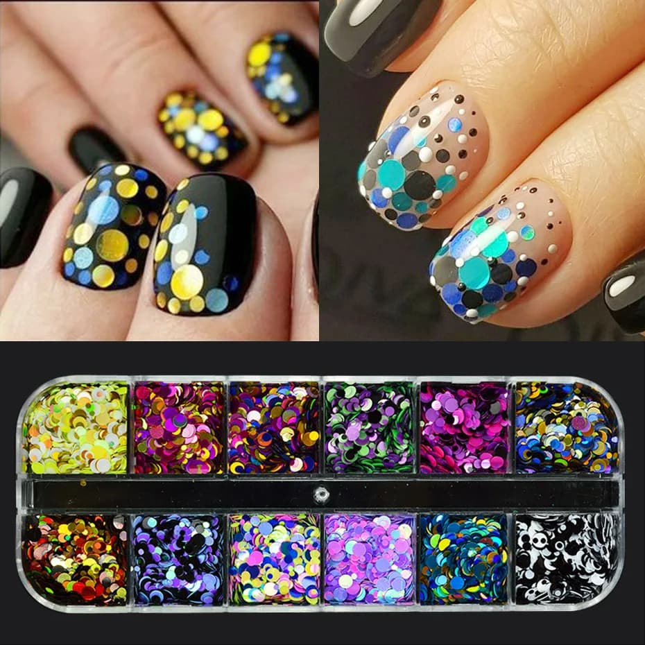 12Grid Nail Glitter Powder Mixed Color Round 3D Flakes Sequins Holographic Shiny Manicure Nail Art Decoration Accessories