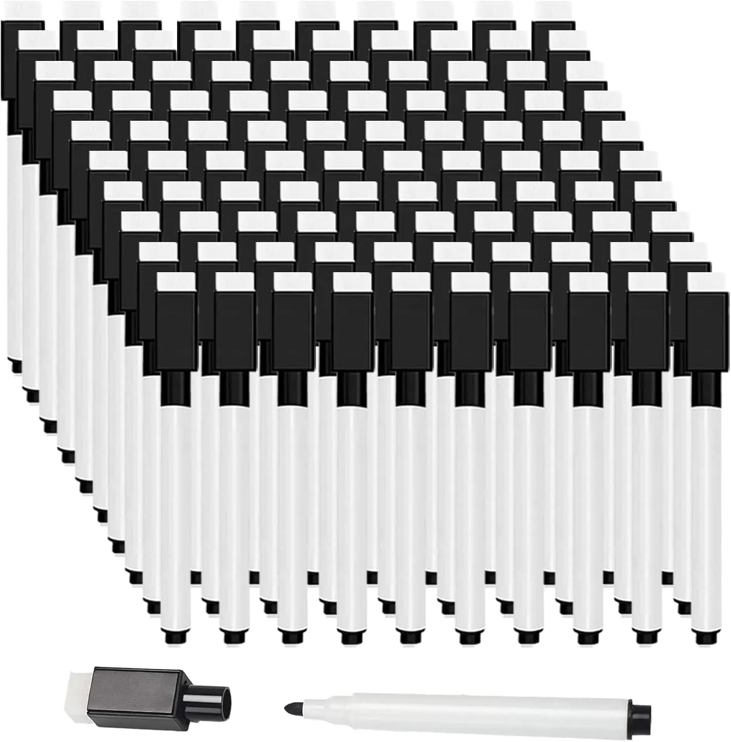 100Pcs Whiteboard Marker Pens Fine Point Tip with Eraser Cap Mini Bulk Black Dry Erase Markers for Teachers School