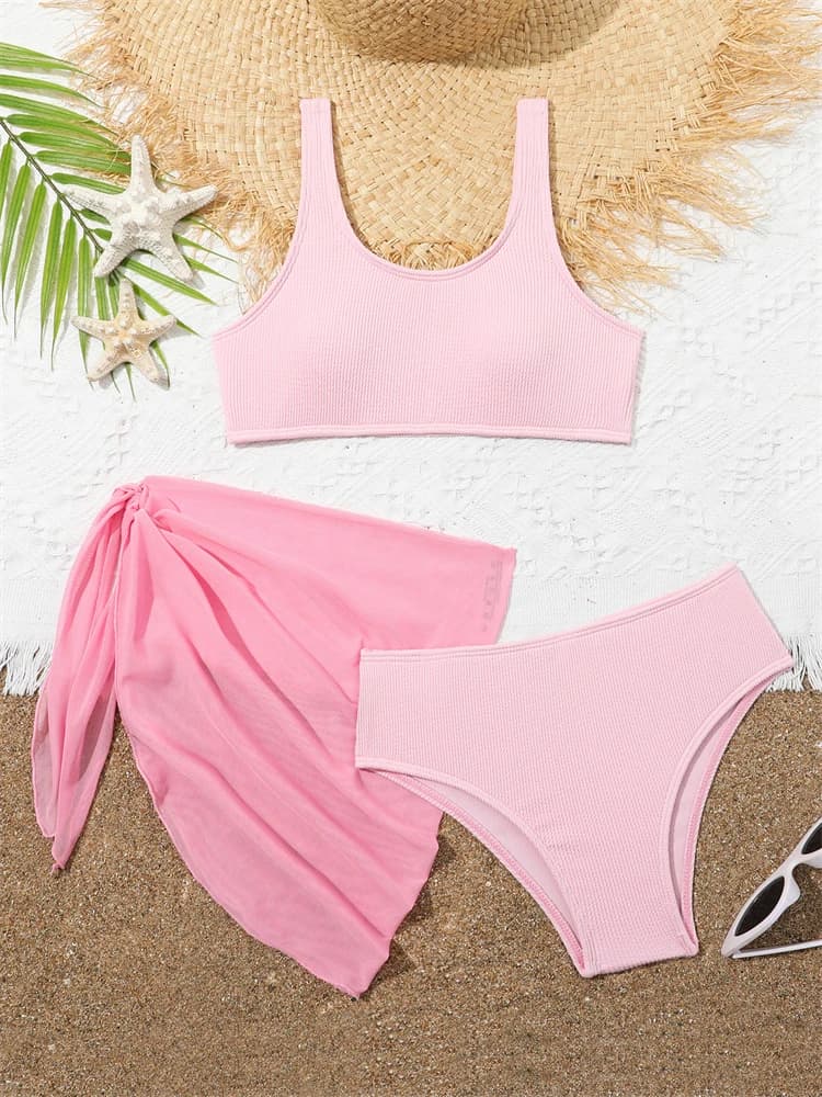 Kids Swimsuit Girls Bikini 2026 New Solid Ribbed Sling Bikinis Set Children Swimwear Summer Three Piece Beachwear Bathing Suits