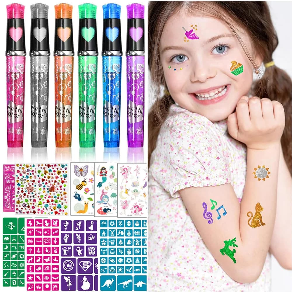 Temporary Glitter Tattoo Kit-Body & Face Art with Templates,Long Lasting & Waterproof,Festival,Rave,Cosplay,Face & Body Art