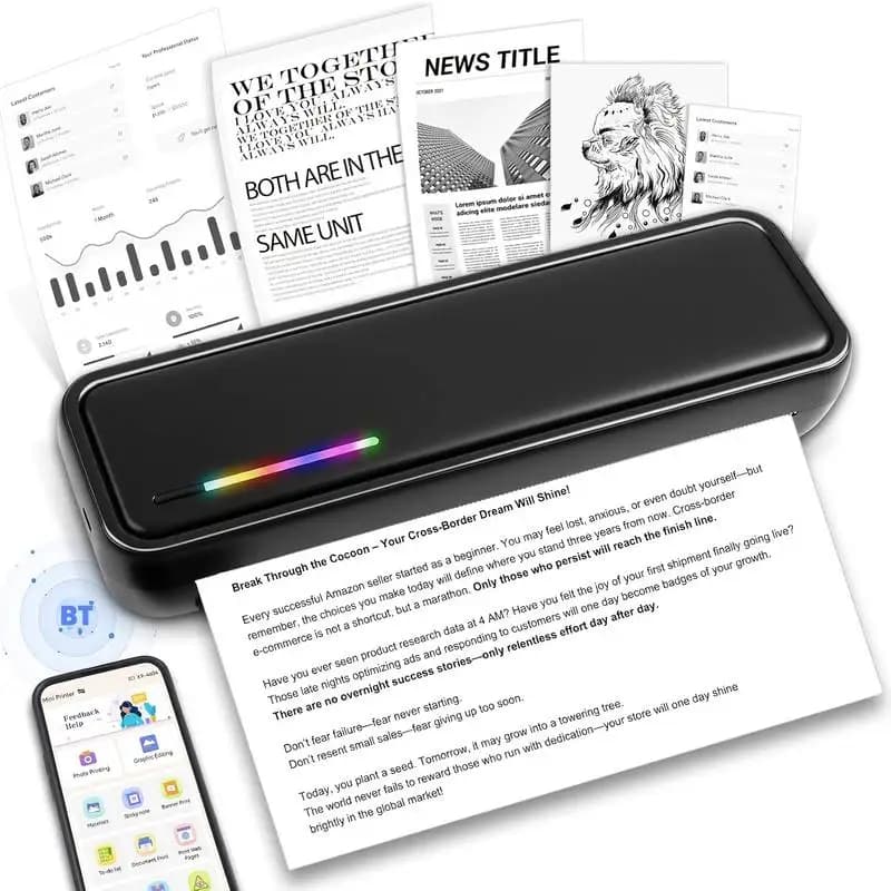 Portable A4 printer, wireless thermal printer for printing documents and pictures on A4 thermal paper, ink-free operation with l
