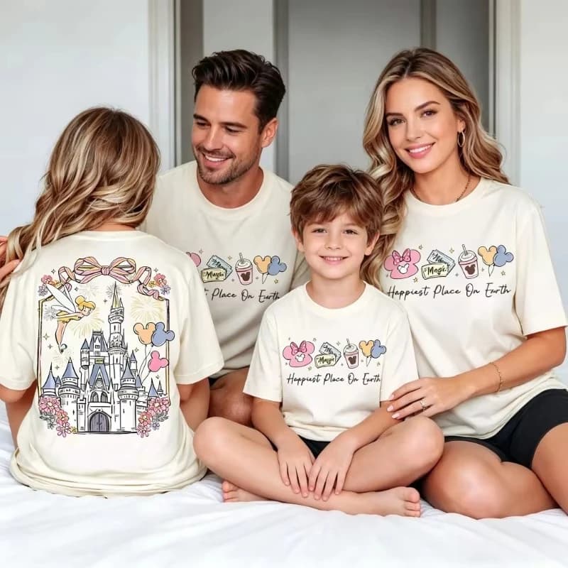 Family Matching T-shirt Castle Fairy Print Cotton Crew Neck Short Sleeve Casual Tees for Mom Dad and Kids Summer Travel Outfits