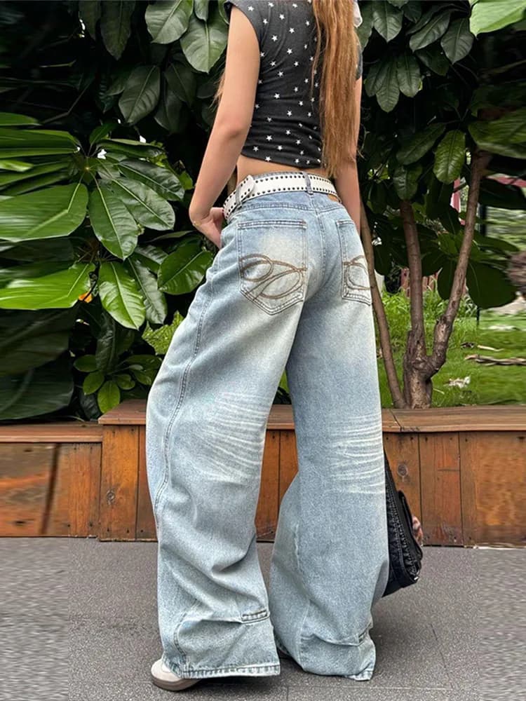 Women's Jeans Vintage Printed High Waist Zipper Pockets Straight Leg Trousers Female 2026 Spring Fashion Woman Clothes Outwears