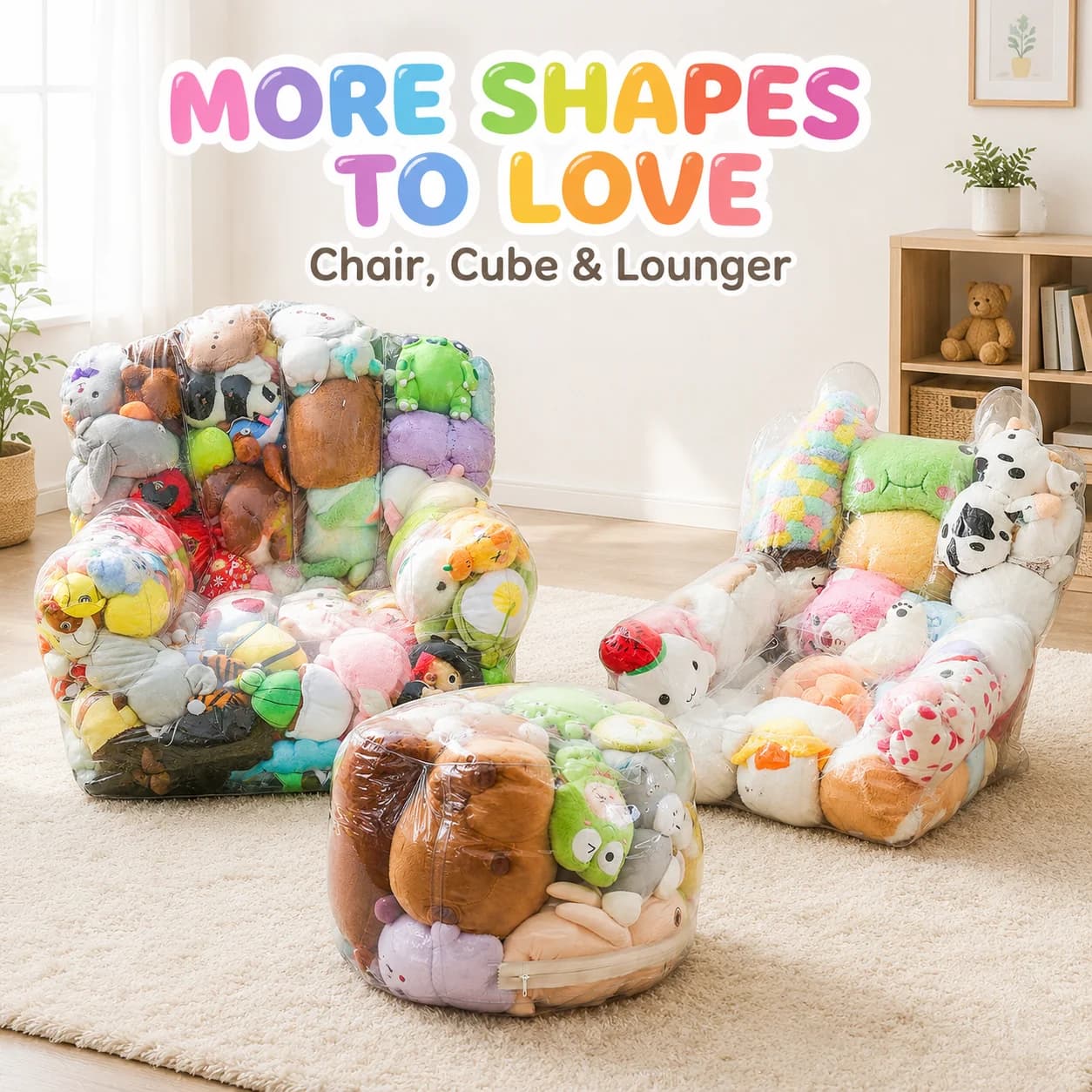Stuffed Animal Storage Bean Bag Chair Cover Plush Toy Storage Bag Clear PVC Large Capacity Sofa Seat Cube Lounger with Zipper