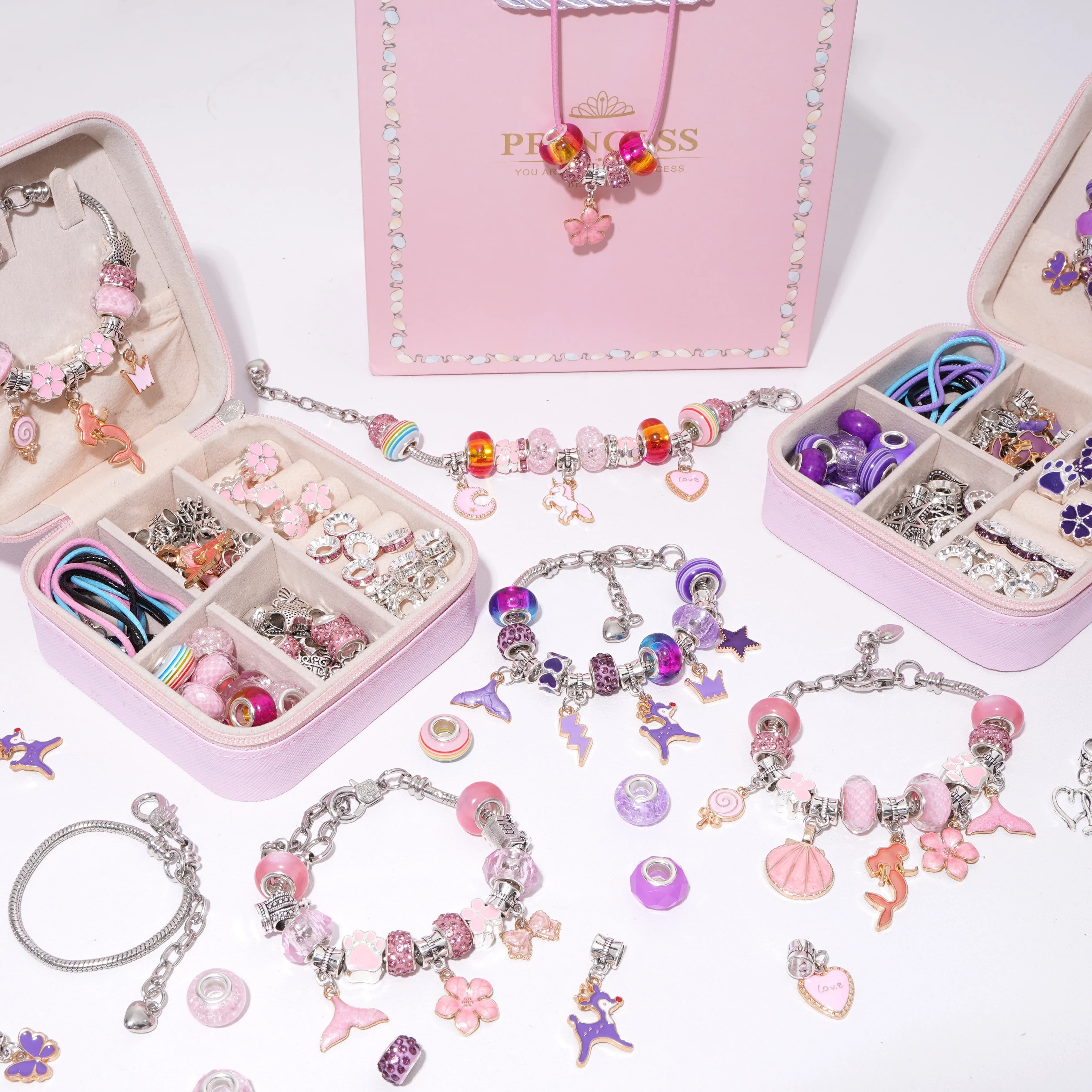 Handmade Jewelry Making Gift Box DIY Bracelets Making Kit Girls Gift with Jewelry Box Gift Bag Charms Beads Set Jewelry Material