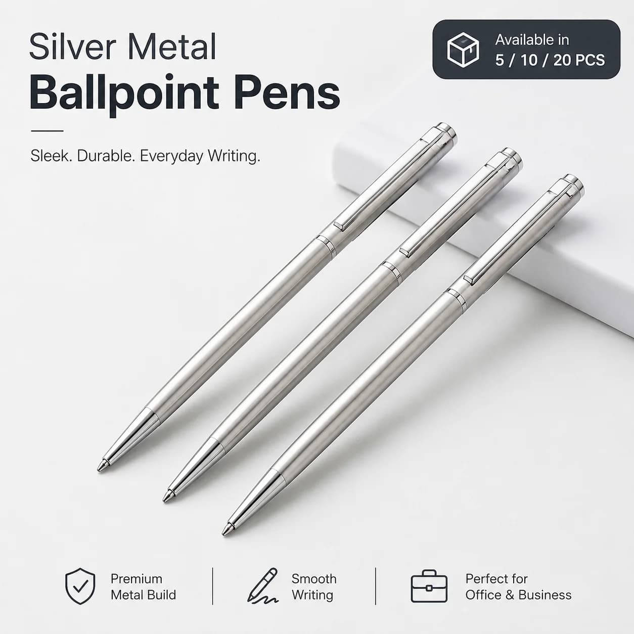 5/10/20Pcs Stainless Steel Ballpoint Pens, Silver Metal Medium Nib Smooth Twist Writing Pens for Office School