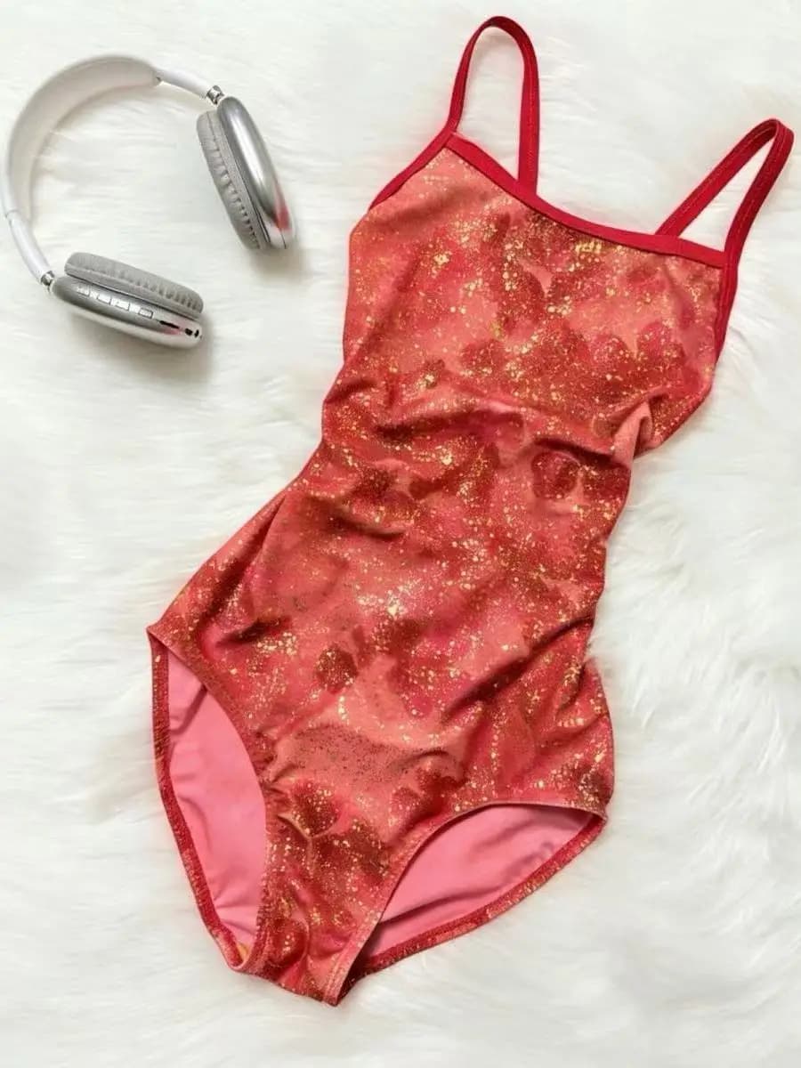 Women's Competitive Swimming Suit Red One-Piece  Design Low Slit Sport Training Swimsuit Slimming round Neck No Sleeve