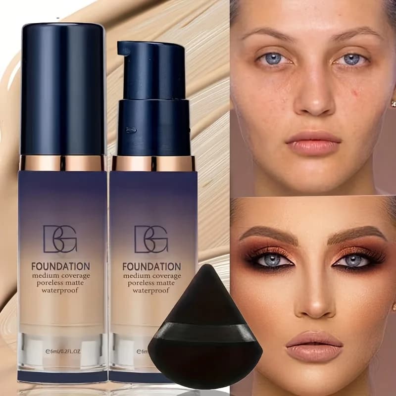 2pcs Face Makeup Set, Includes a Bottle of All in One Foundation and a Black Triangular Powder Puff