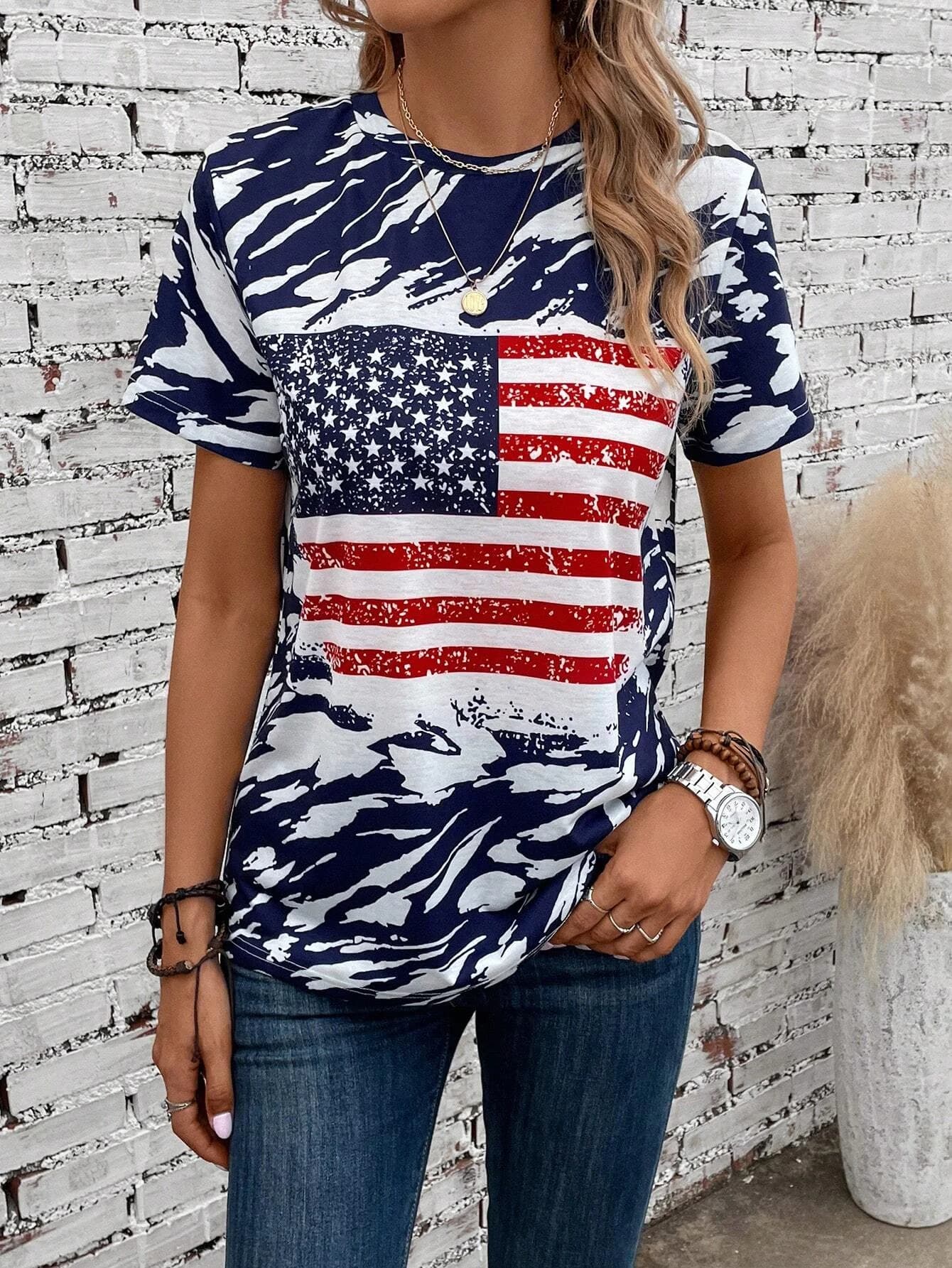 Women's T-Shirts For Women American Flag 3d Print Tops Casual Street Femalewear Summer Oversized T-Shirt Fashion Y2k Clothing