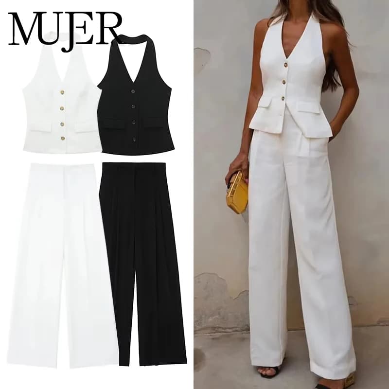 MUJER Pants Sets For Women 2 Pieces Off Shoulder Sleeveless Vest Woman Outfit Fashion Wide Leg Pants Elegant Casual Women's Set