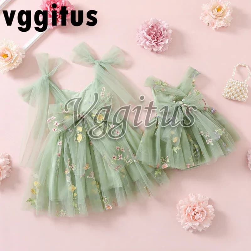 Family Matching Outfits for Summer Sweet Style Soild Color Embroidery Open Back Dress and Bodysuit for Twins Sisters E1237
