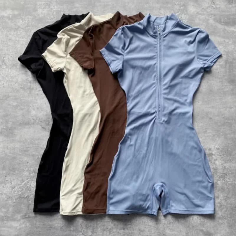 Women's Fitness Yoga One-Piece Suit Short Sleeve High-Waist Short Pants Sports Bodysuit Dance Exercise Tight Body Suit