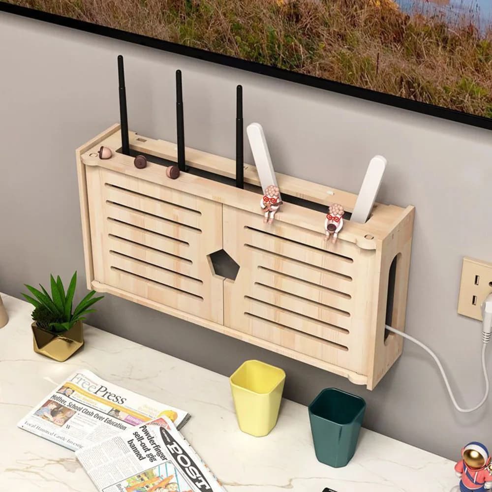 Wall-Mounted Storage Box Home Wall-Mounted WiFi Router Organizer Wooden Hanging Cable Management Multifunctional Storage Case