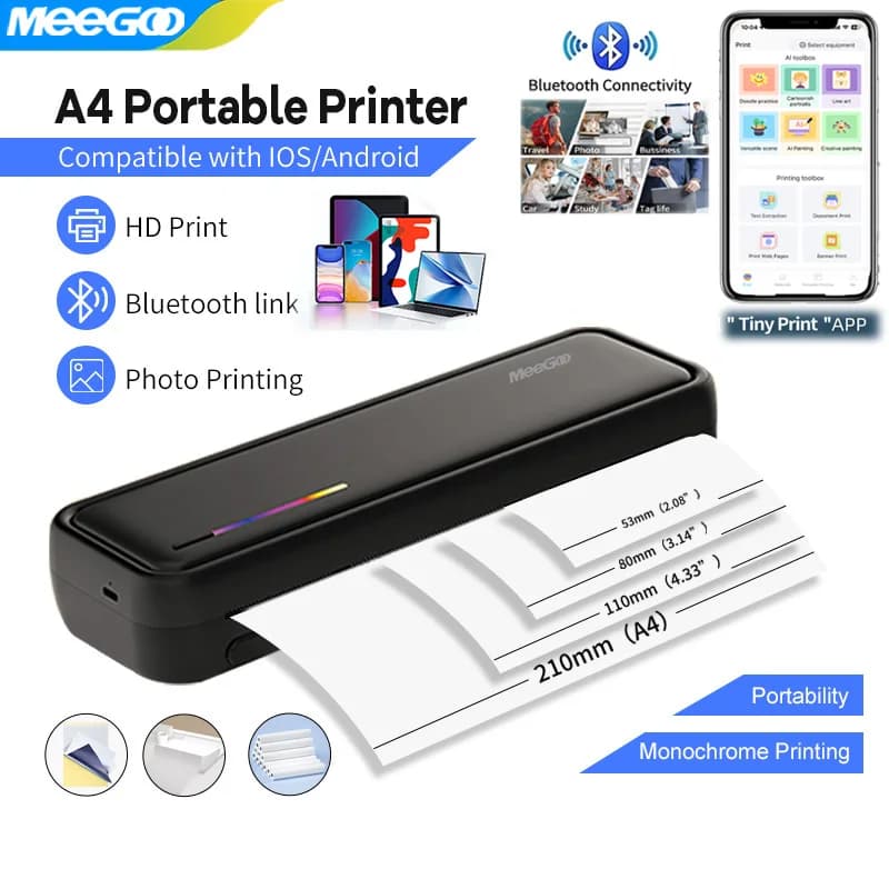 Portable A4 Thermal Printer Bluetooth Photos PDF Document Printing Machine Folded Rolls Paper For Office Work Home School Travel