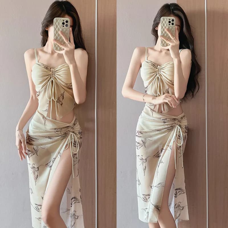 Large Size Women's Bikini Set Casual Swimwear Thermal Spring Vacation Sexy Slim Long Dress Hot Girl Swimsuit Three-piece Set