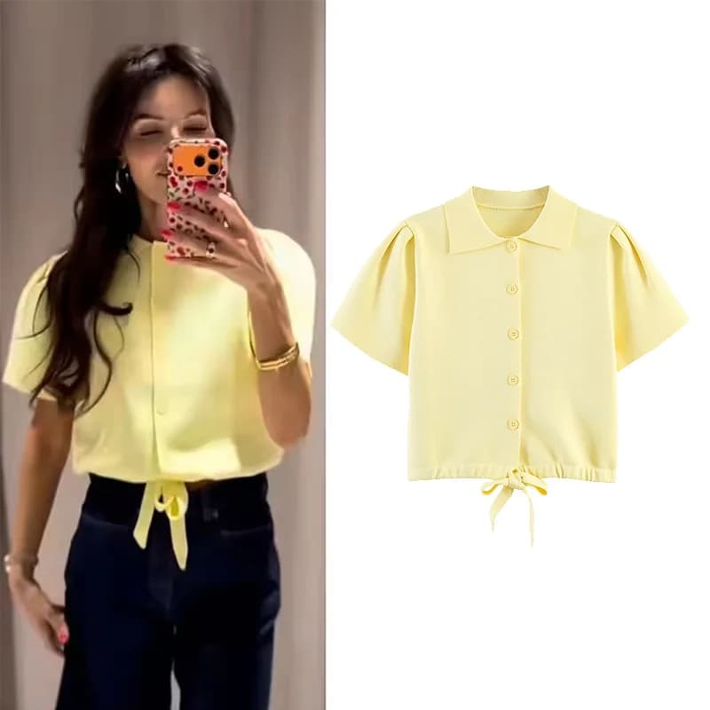 Women's Cardigan with Tie New 2026 Spring Summer Lapel Collar Short Puff Sleeve Knitted Solid Lady Sweater Elastic Female Tops