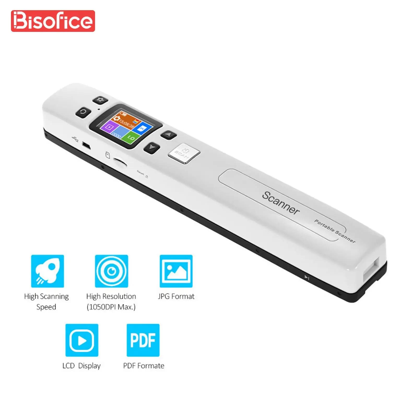 Bisofice Portable Handheld Wand Document Scanner 1050DPI High Speed A4 Size Formate LCD Display for Business Reciepts Books