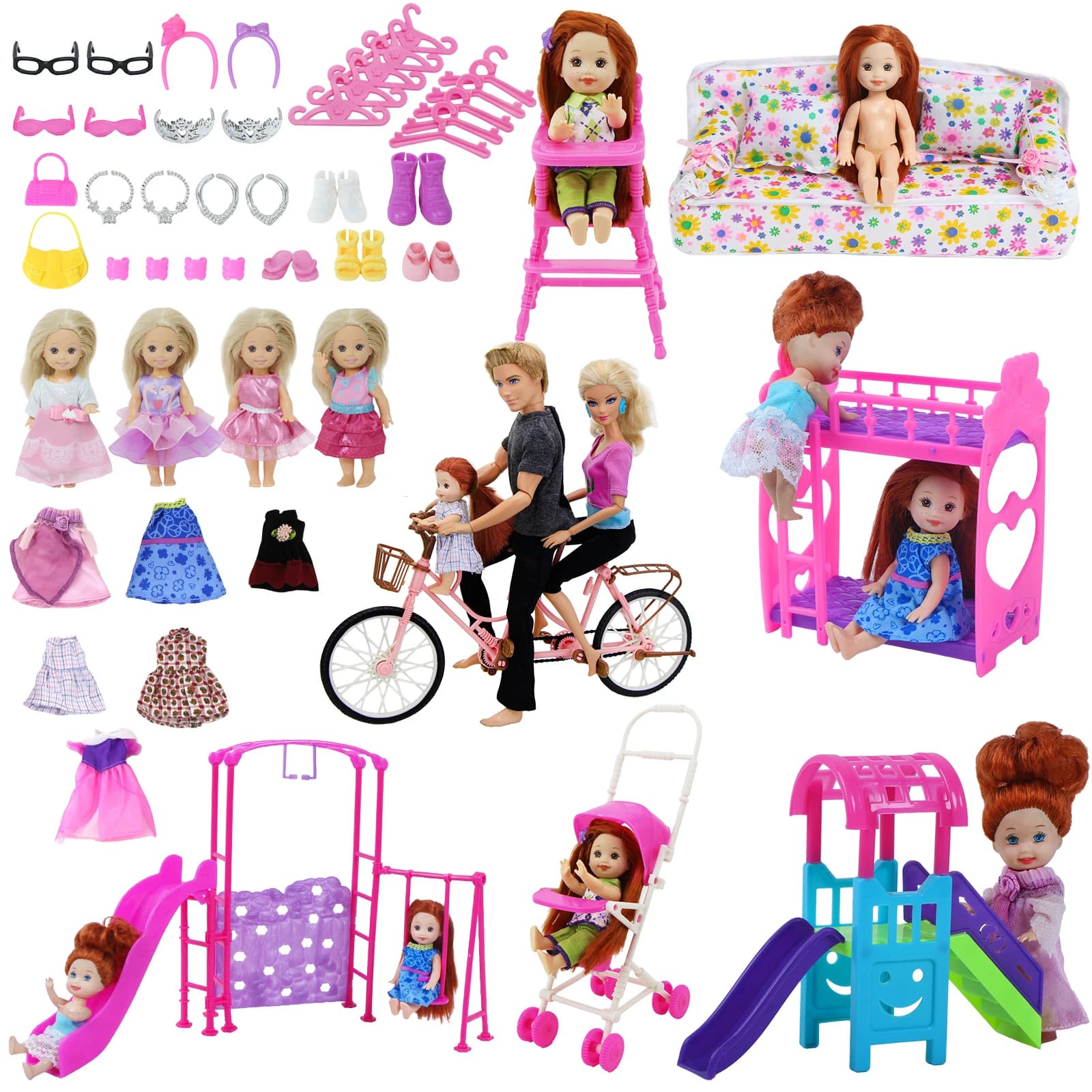 Mix Doll Accessories Nursery Dollhouse Furniture Baby Trolley Chair Bed Swing Slide Shoe Clothes for 4 Inch Doll Kids Toy Gift