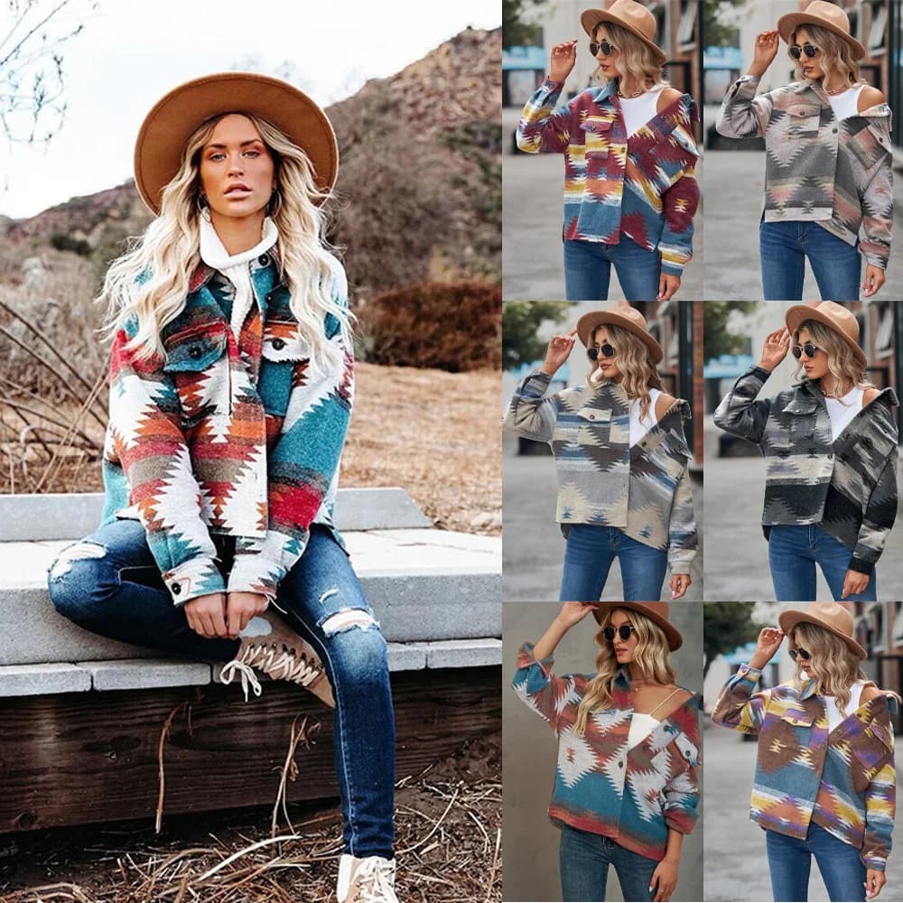 Women Wool Coats Blends Coat Casual Geometric Print Turn Down Collar Y2k Streetwear Jackets Work Elegant Splice Jacket 2025