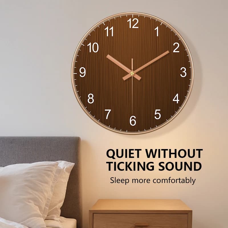 Modern Round Wall Clock Wooden Grain Non-Ticking Wall Clock for Living Room Bedroom Kitchen Office Home Decor Minimalist Style
