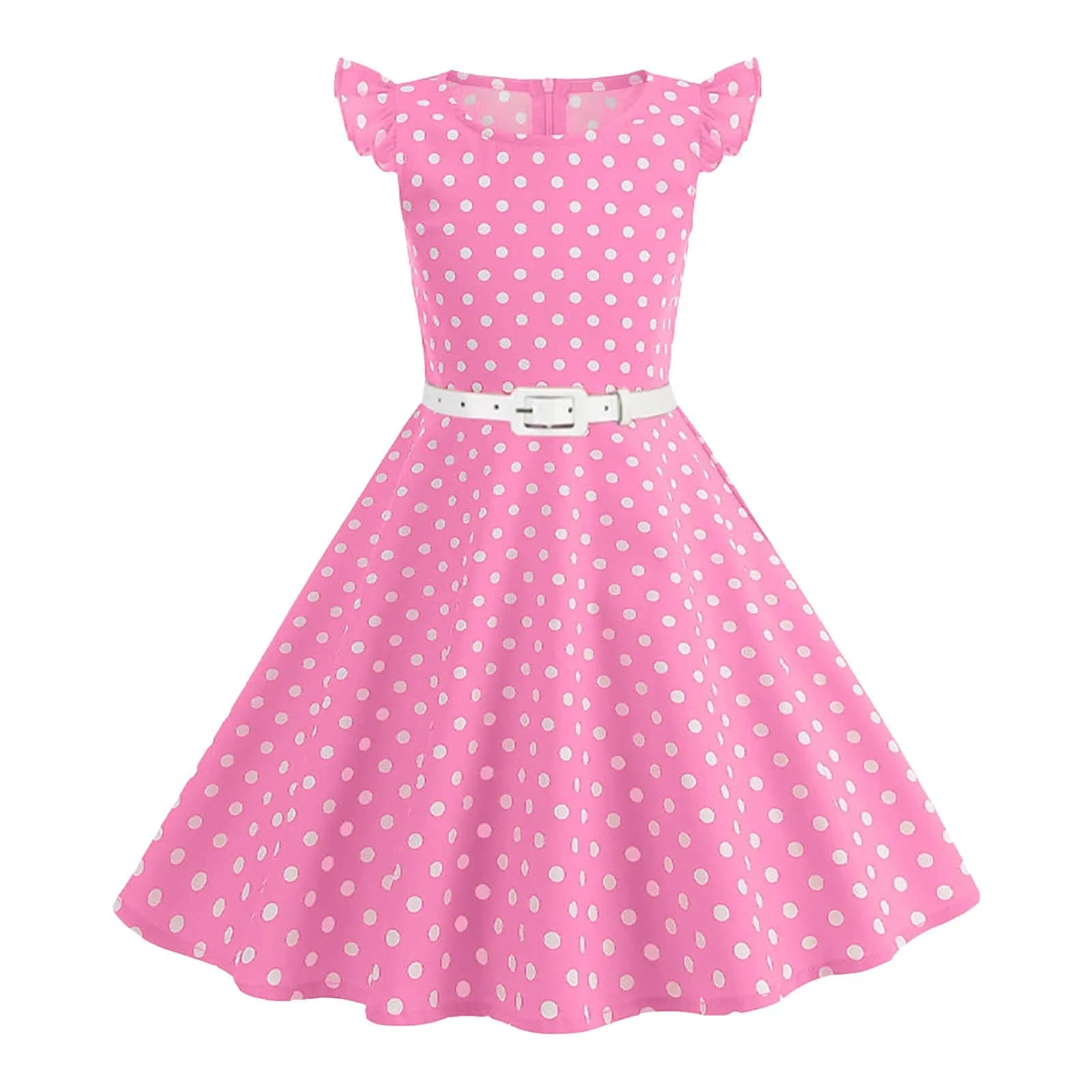 Girls' Vintage Dresses Fashion 50s 60s Polka Dot Print Sleeveless Long Dress With Belt Princess Dress Summer Children Clothes