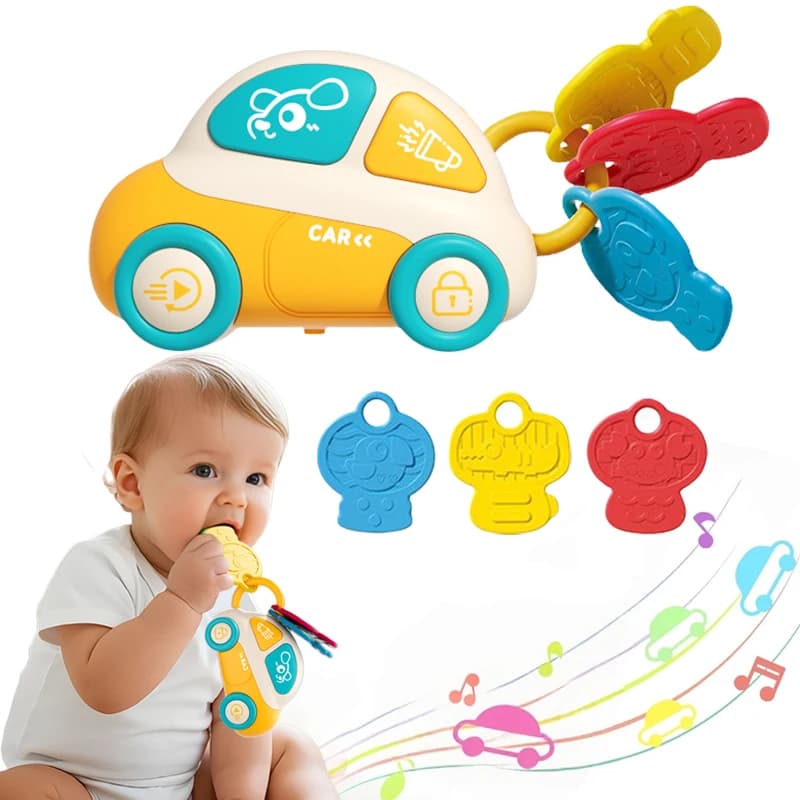 Baby Teething Toys With Music & Light Montessori Sensory Car Key Teether Teething Relief Silicone Chew Toy for Infant Baby Boys