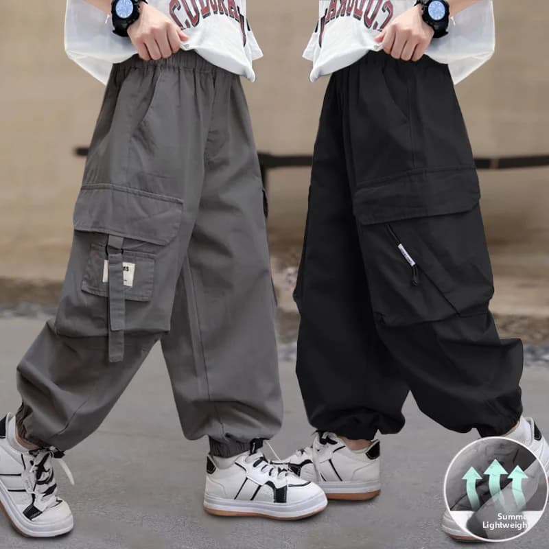 Boys Summer Thin New 2026 Big Boys Long Pants Cool Fashionable Street Children Workwear Pants Casual Print Elastic Waist Poly...