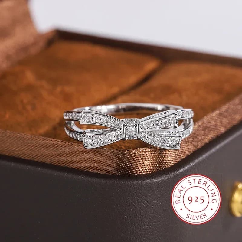 925 Silver Plated Ring for Women Beautiful Bow Sparkly Zircon Jewelry Party Jewelry Engagement Ring Wedding Ring