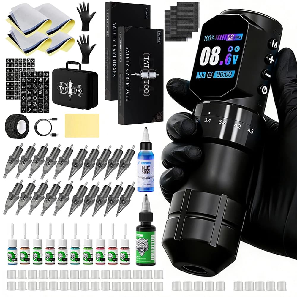 Tattoo Machine Kit Professional Adjustable Stroke Wireless Coreless Brushless Motor Tattoo Pen With Tattoo Ink Tattoo Blue Soap