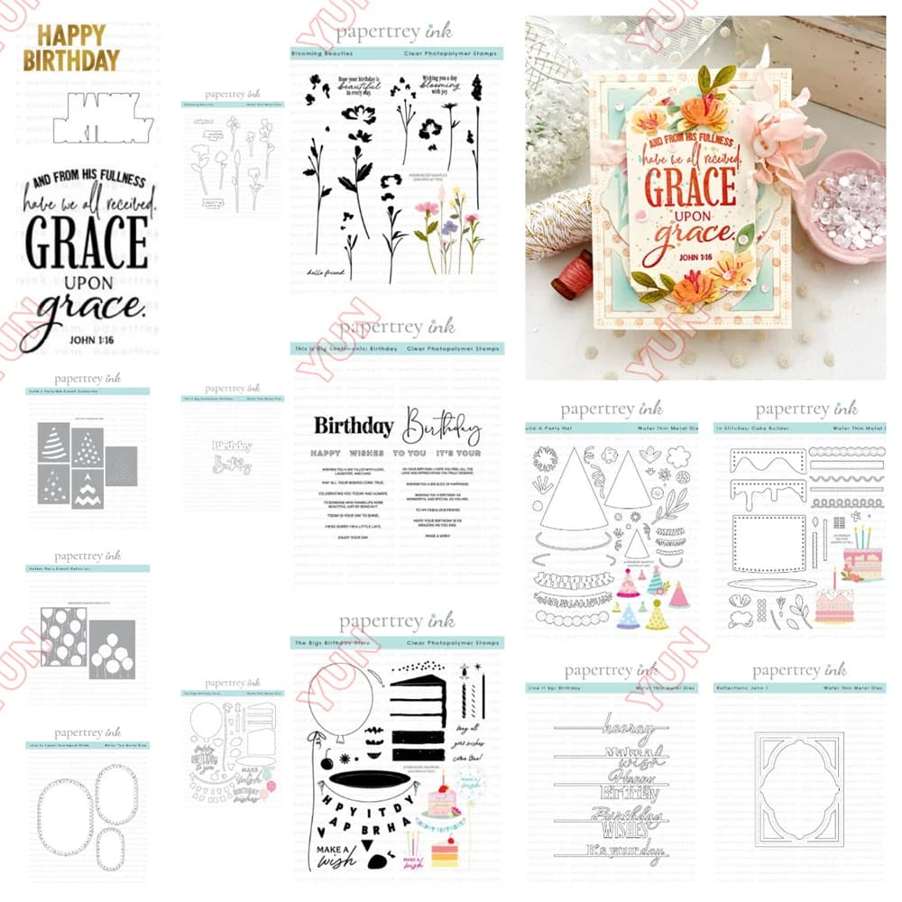 Scrapbooking Card 2025 New Papertrey Ink Dies Stamps Stencils Flowers Cake Builder Balloon Party Hat Birthday Sentiment Die DIY