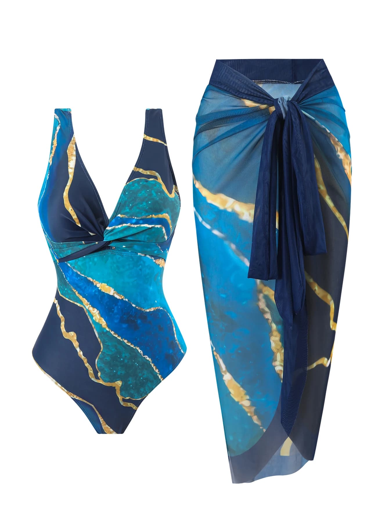 Women's One-Piece Swimsuit with V-Neck and Cross-Tie, Sexy and Elegant, Tummy-Concealing and Slimming, Popular European and American Style, Blue Marble Print Two-Piece Set with Mesh Overlay, Tie-Up, a