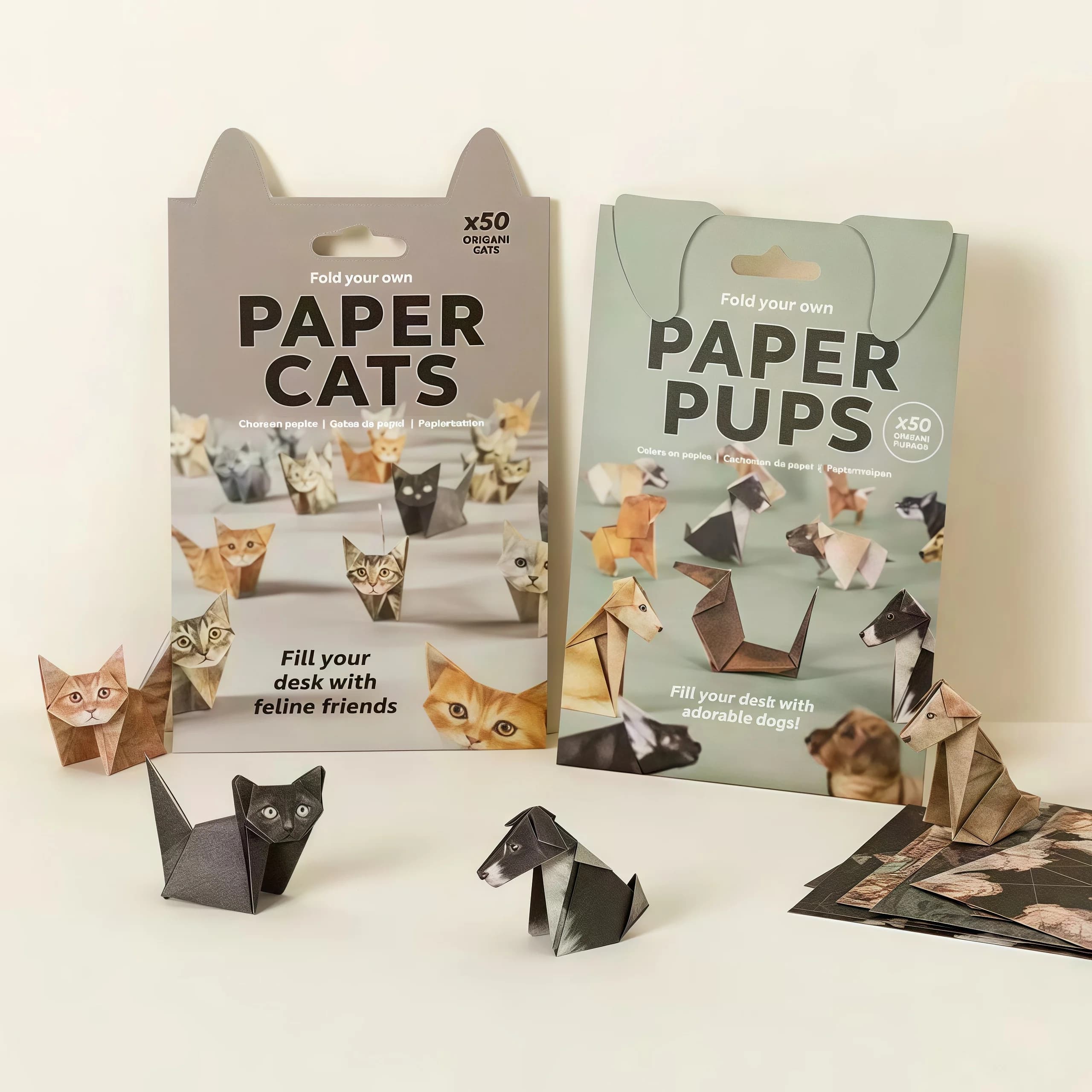DIY Origami Paper Cats Dogs Dinosaurs Kit 50Pcs Fold Your Own Animal Craft Cute 3D Desk Decor Toy for Kids Adults Beginners Gift