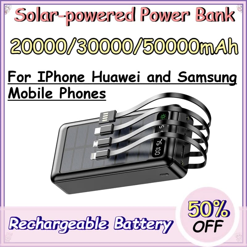 20000/30000/50000mAh Solar-powered Power Bank for IPhone Huawei and Samsung Mobile Phones Power Bank with Four Built-in Cables