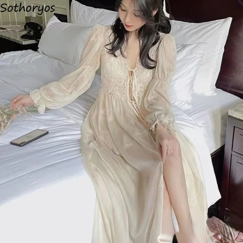 Robe Gown Sets Women Elegant Vintage Chiffon Sleepwear Aesthetic Fairycore Gentle Breathable Temperament French Style Homewear