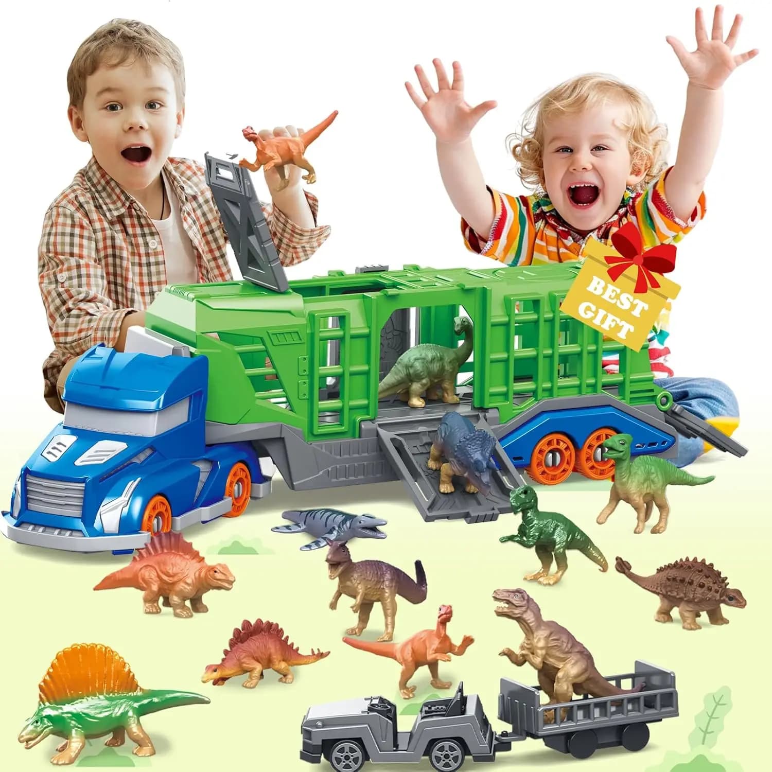 Dinosaur Animal Transport Vehicle Toy Set Includes 1 Transport Vehicle, 12 Dinosaurs or Animals, 2 Small Transfer Vehicles. the Transport Vehicle Features a Rotating Cab and 4 Doors That Can Be Opened