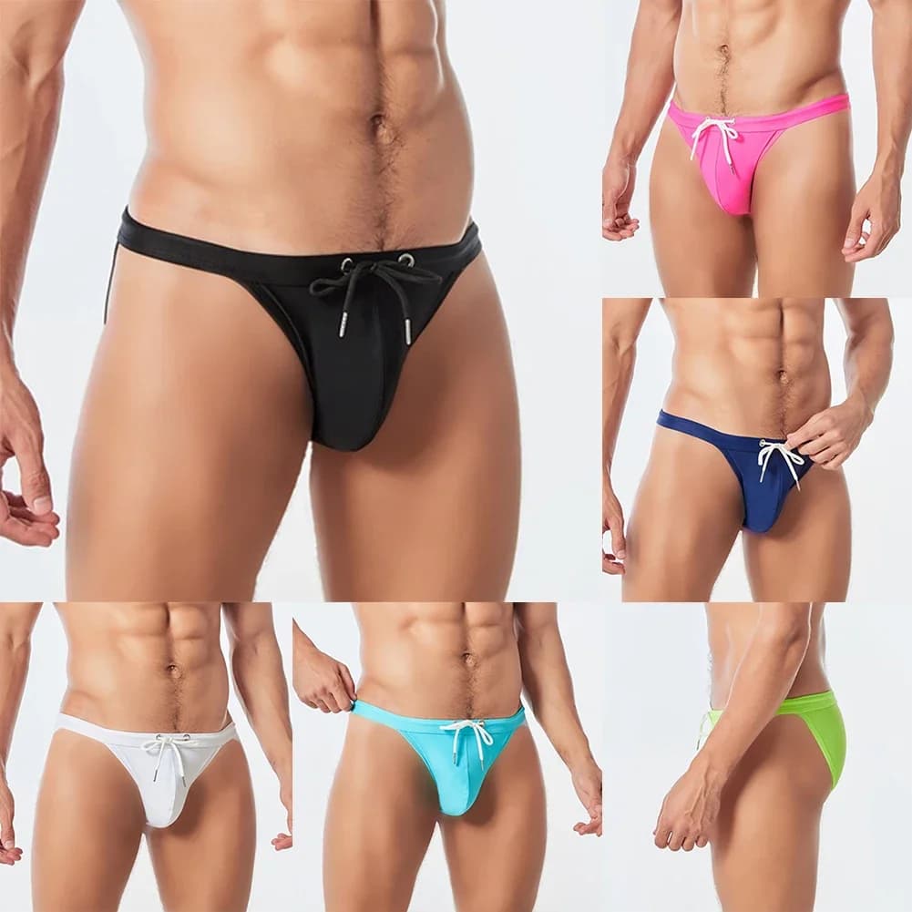Men Summer Swimwear Swim Briefs Low Waist Bikini Beachwear Surf Board Shorts Sexy Big Pouch-Cup Surfing Swimming Trunks