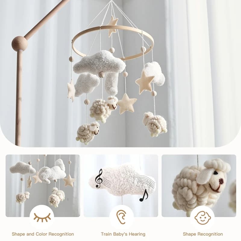 Wooden Crib Mobile Baby Crib Bells & Rattles Soothing Music Toys Newborn Music Box Crib Mobile with Hanging Bracket Gift