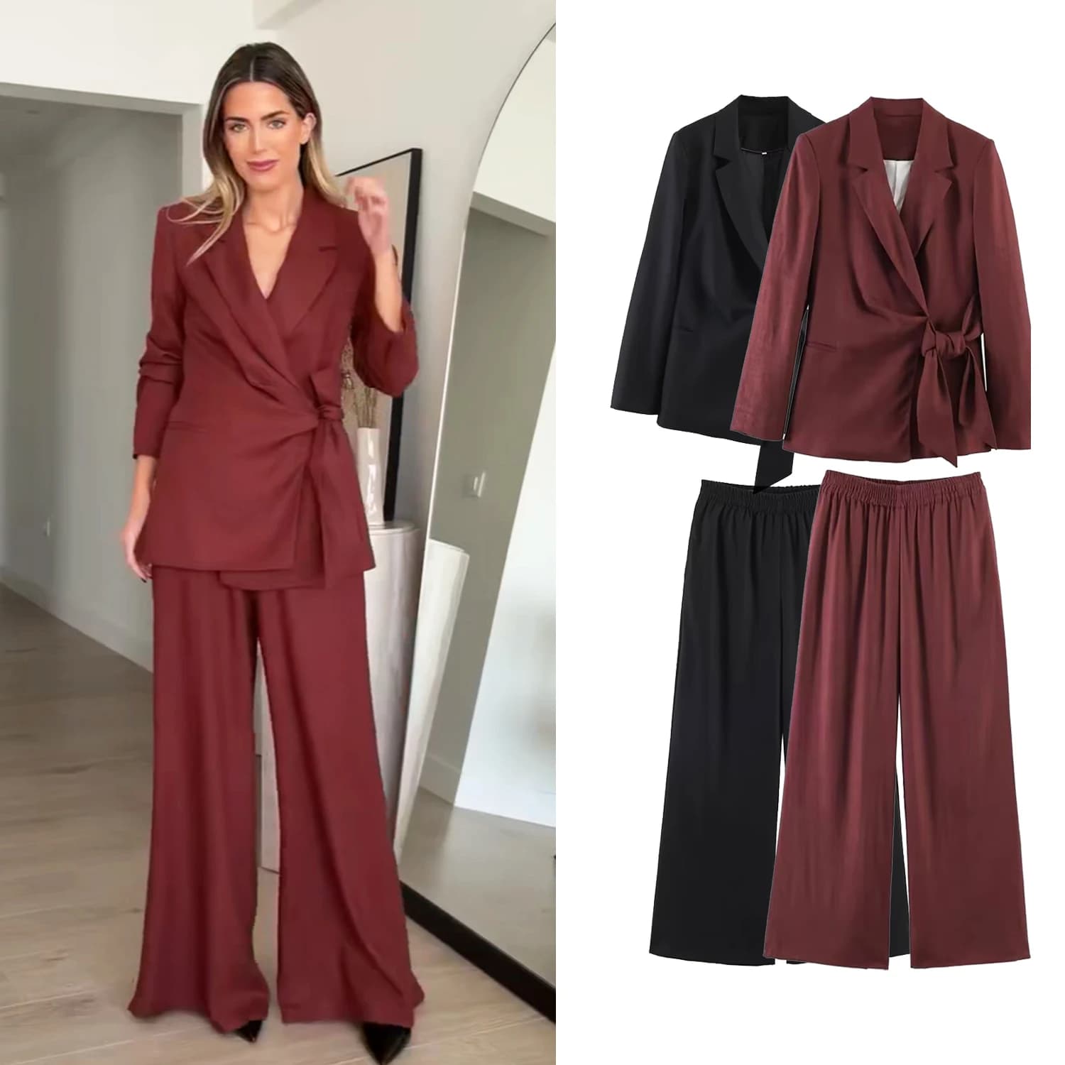 Women's Blazer Long Pants Suit Sets Or Spring Female Chic Lace Up Blazers Jacket Or Lady OL Casual Wide Leg Trousers