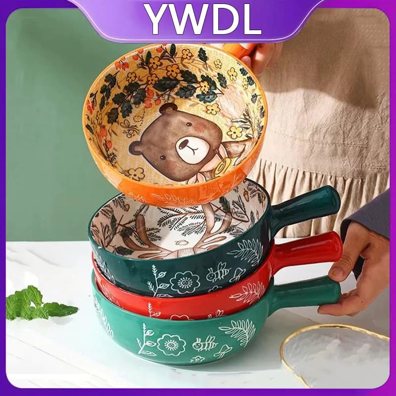 YWDL Ceramic Bakeware With Handle Forest Animals Baking Pan Underglaze Kitchen Tableware Salad Bowl Au Gratin Dishes