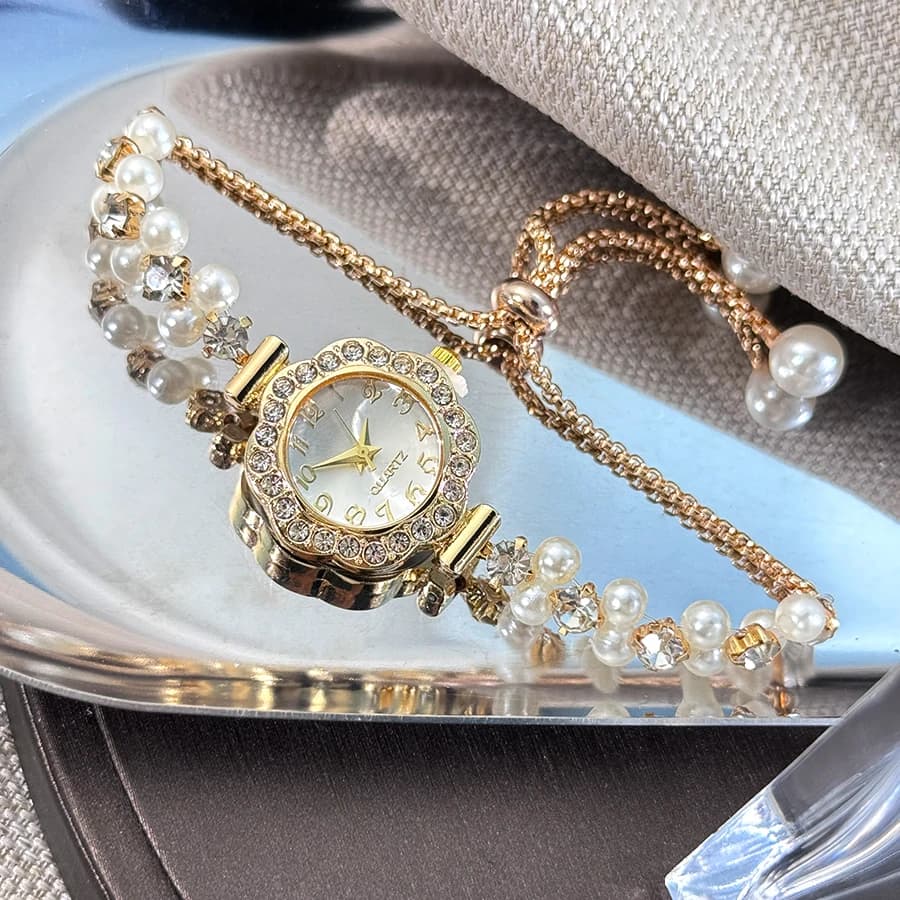 French Romantic Pearl Slide-On Bracelet Watch for Women with Flower Diamond Inlay Fashion Quartz Timepiece Lady's Accessory