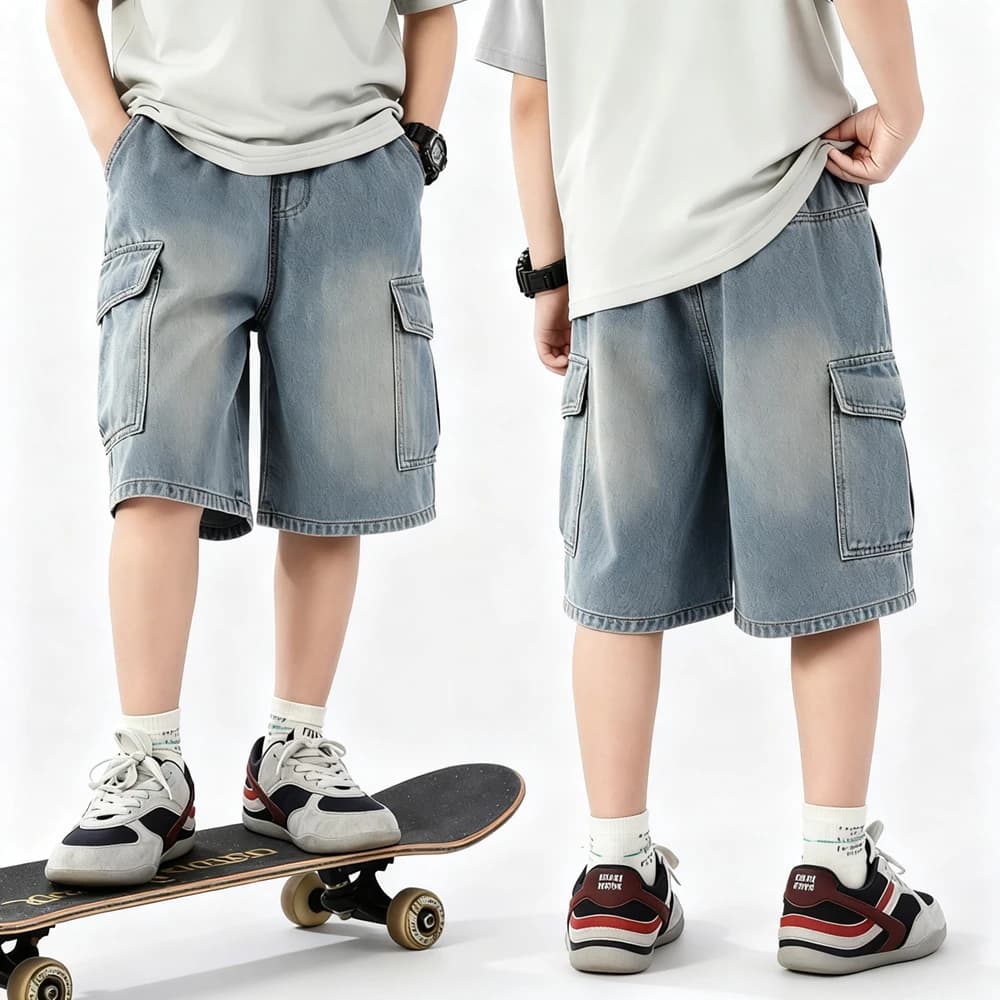 2026 New Teen Boys Short Jeans Summer Children Solid Color Big Pocket Wide Leg Denim Shorts Kids Clothes Loose Knee Length Pants