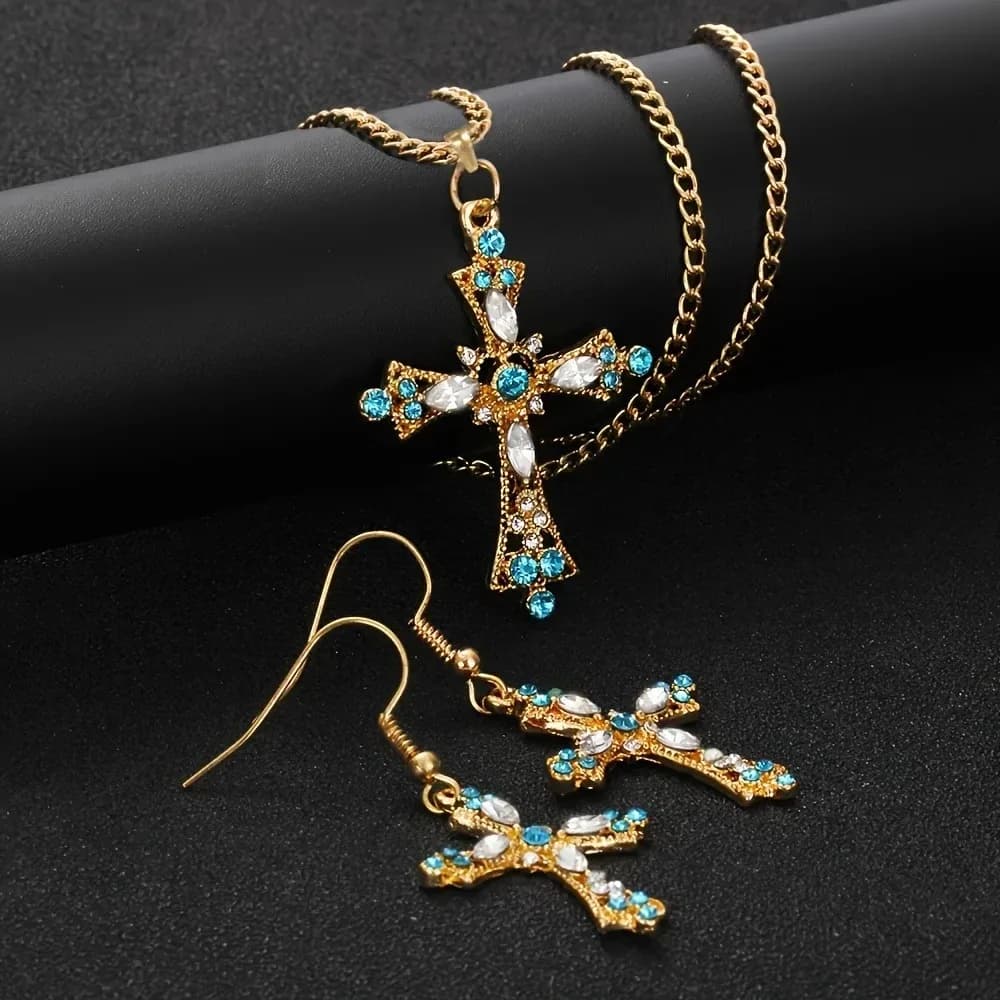 1 pair of earrings+1 pendant necklace set, wedding and engagement friend gift, sparkling cross design rhinestone jewelry set