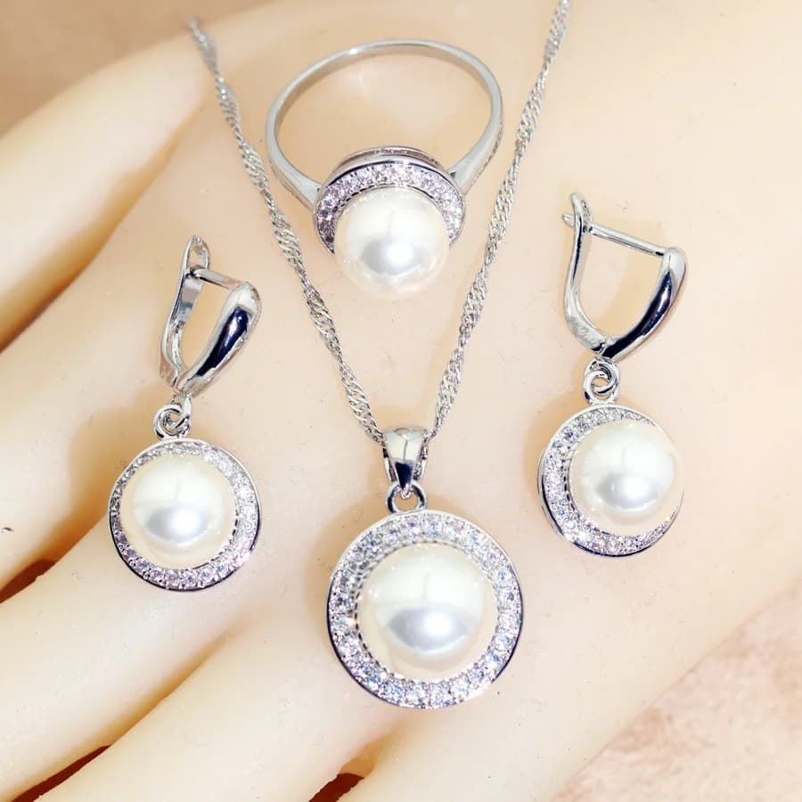 AAA Pearl White Zircon Silver 925 Jewelry Sets Bridal Earrings For Women Ring Pendant Necklace Set Wedding Jewelry Gift