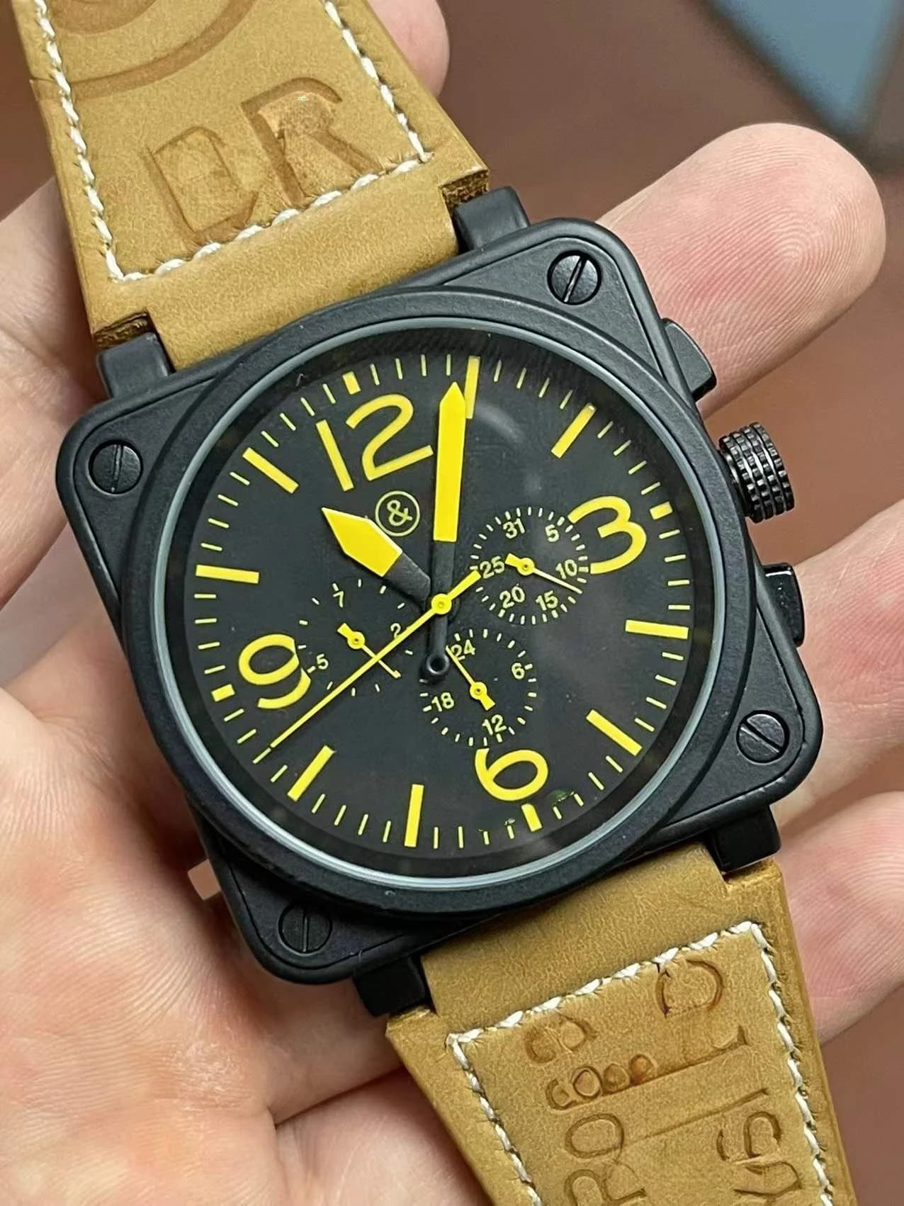 mens watch automatic mechanical bell brown leather black rubber ross 6 hands 46mm