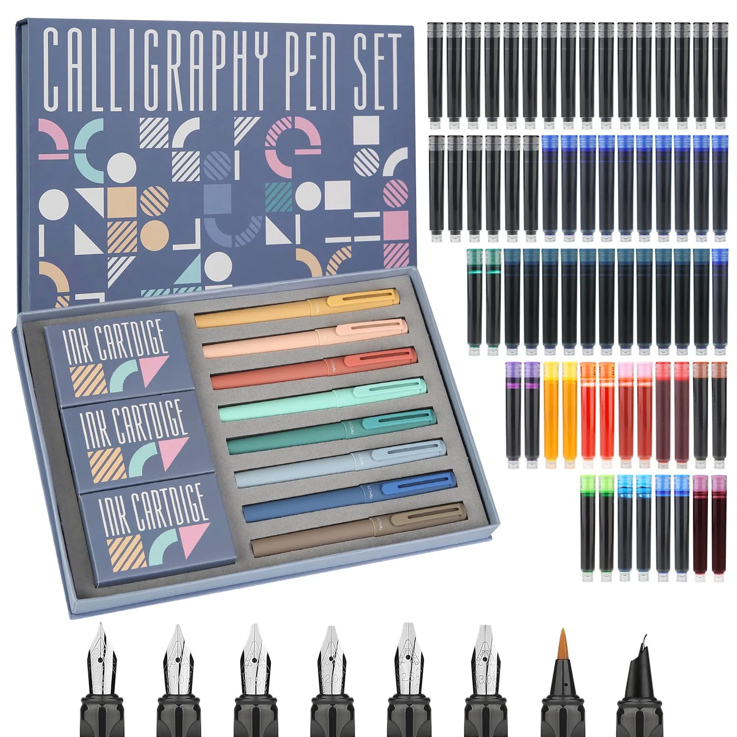 Calligraphy Pen Set 74pcs- 8 Calligraphy Fountain Pens with Varied Nibs, 66 Ink Cartridges(14 Colors)-Writing, Drawing