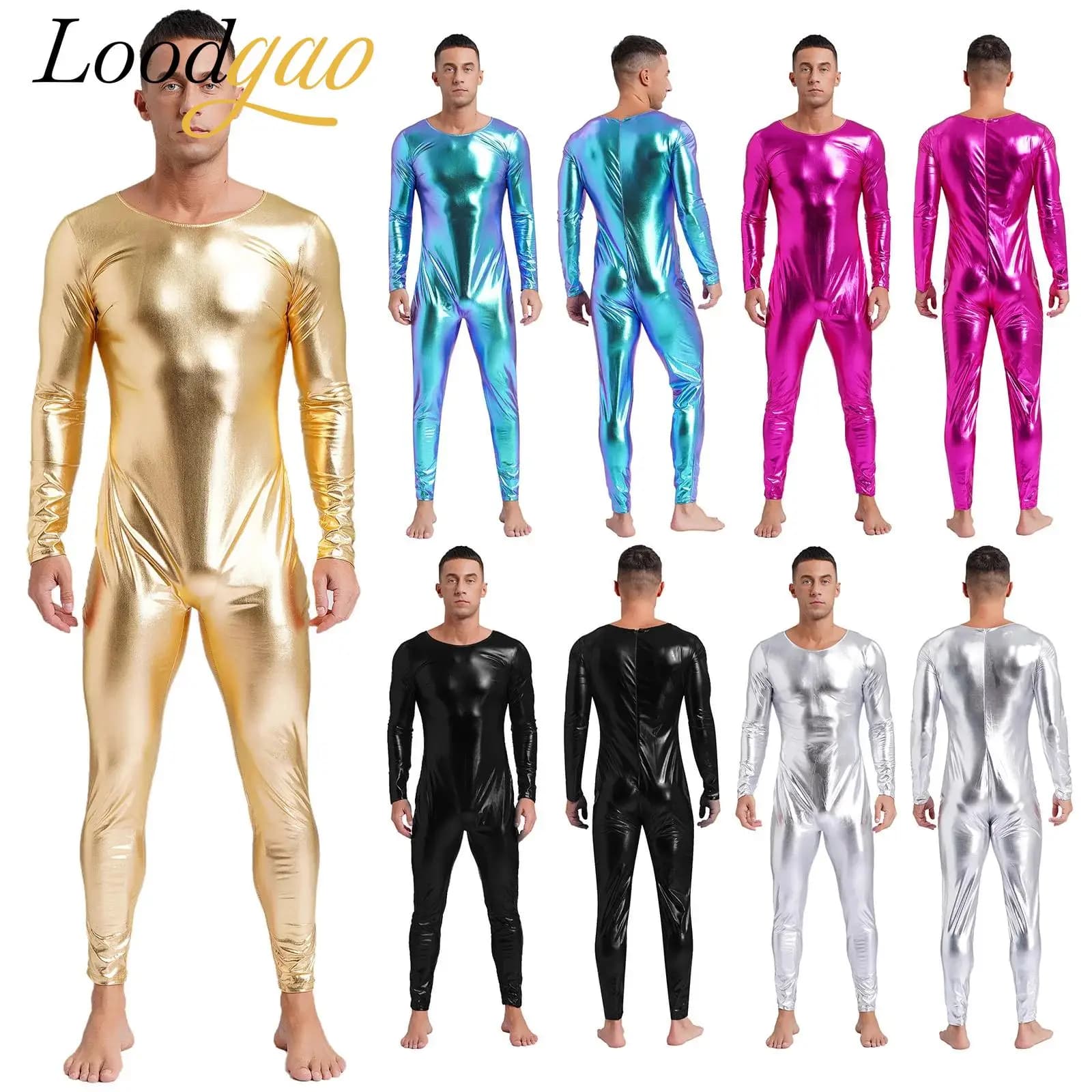 Mens Stage Costumes Dancewear Metallic Full Body Bodysuit Gymnastics Jumpsuit Long Sleeve Jazz Dance Disco Bar Shiny Unitard